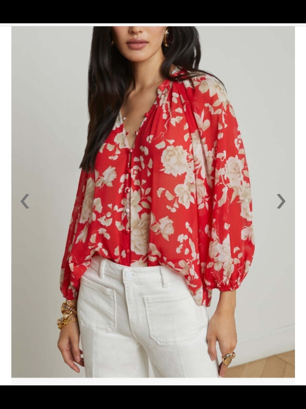 L'AGENCE Teagan Ivory & Red Floral Ikebana V-Neck Blouse